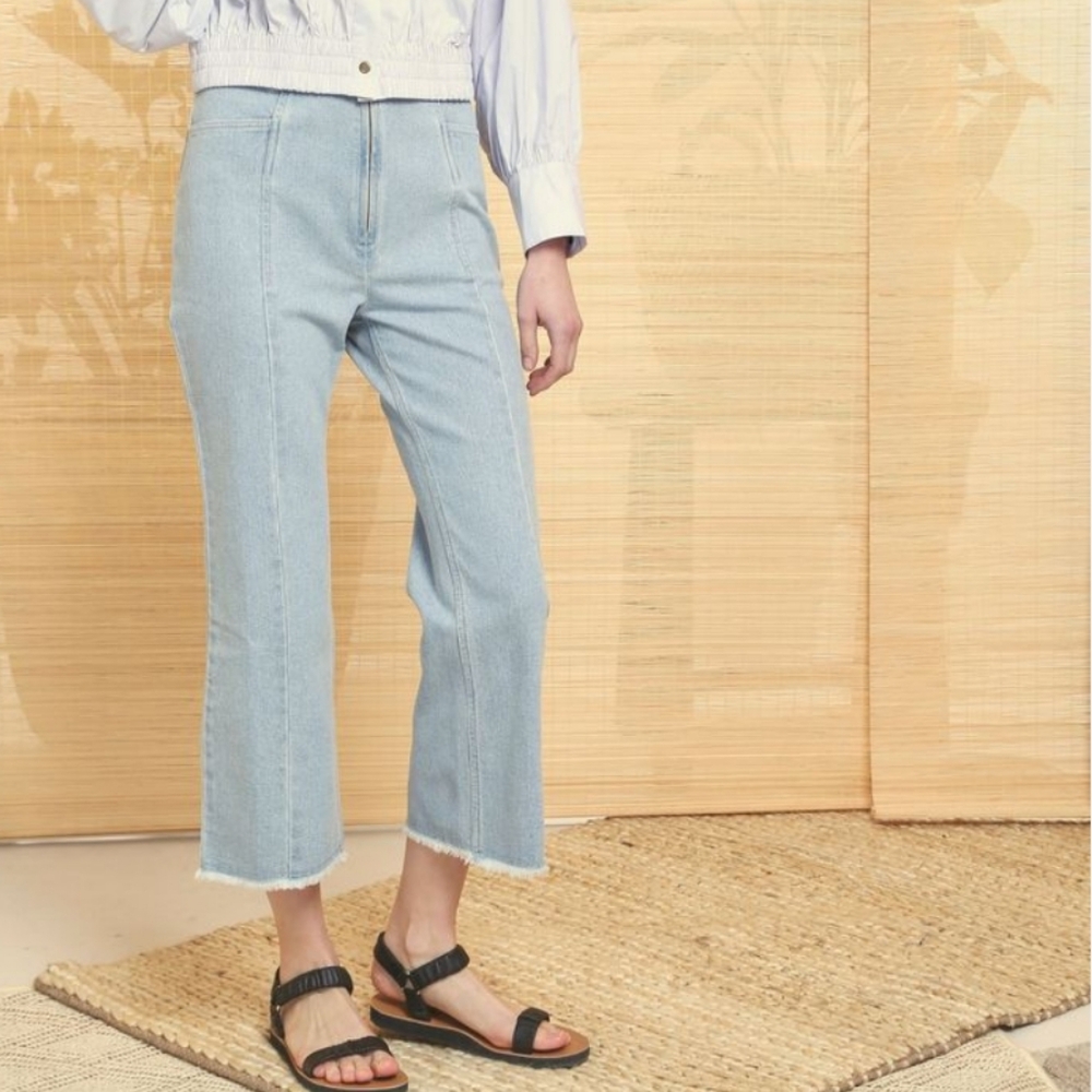 APIECE APART Clara Light Wash Denim High Rise Flare Raw Hem Cropped Ankle Jeans
